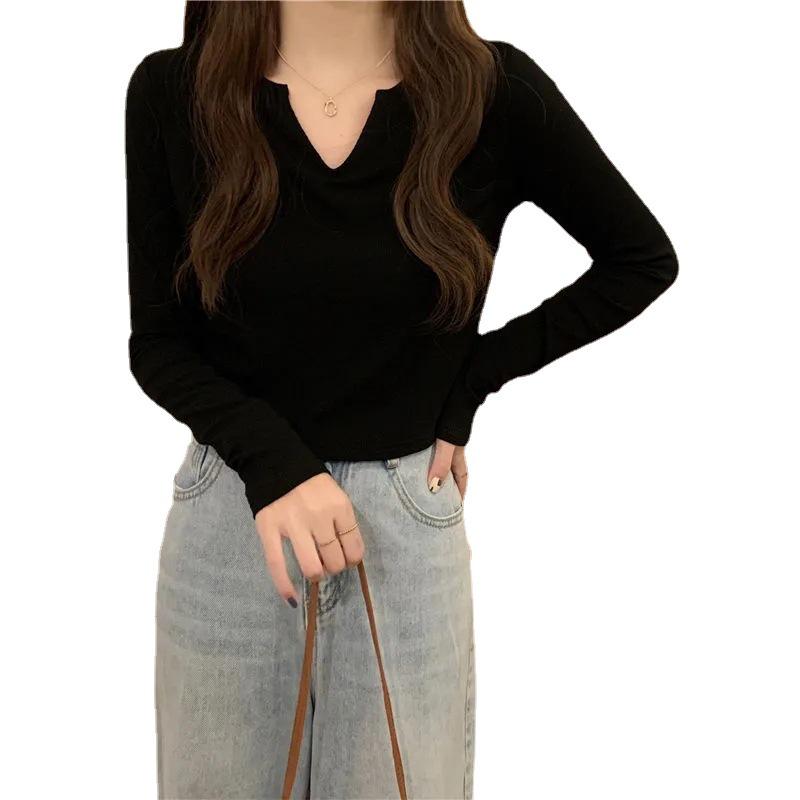 Women's Slim Fit V-Neck Long-Sleeve T-Shirt for Spring/Autumn 2025 - New Korean Style