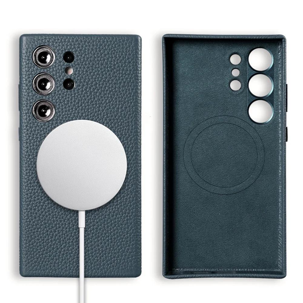 Für Magsafe Hülle Samsung Galaxy S25 Ultra S26 Premium Echtes Leder Cover Magnetische Funda S23Plus S23Ultra Hüllen Vollständige Abdeckung