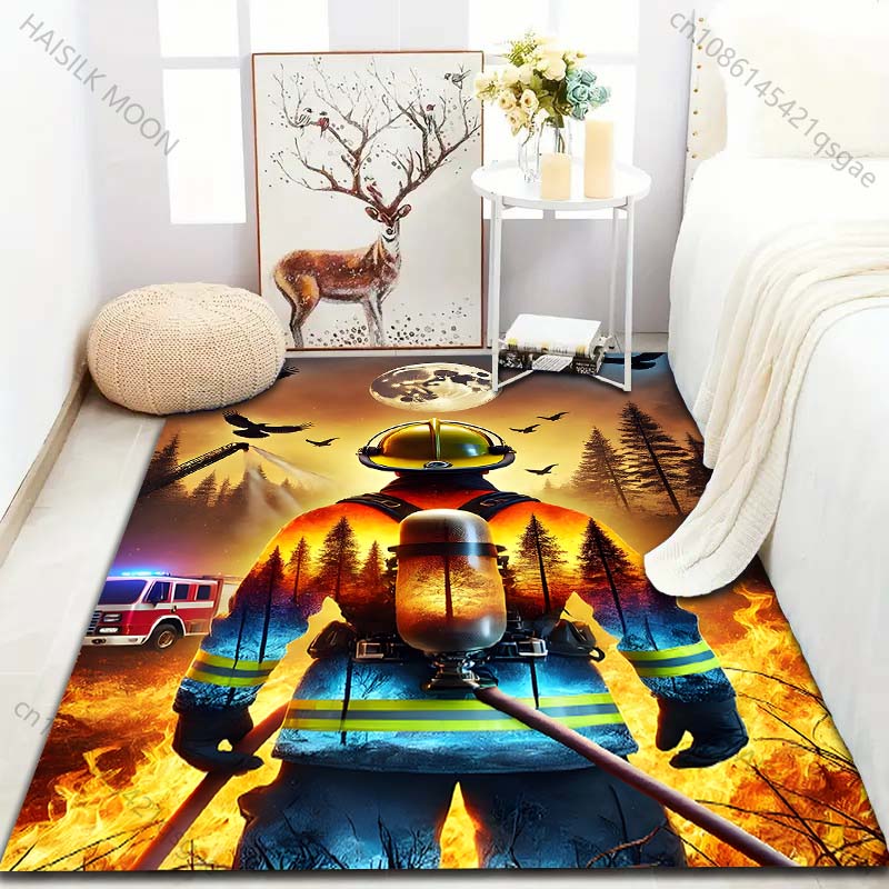 1PC Firefighter with forest fire Pattern Rug Carpets for Bedroom Living Room Sofa Mat Creative Door Mat Cloakroom Home Decor
