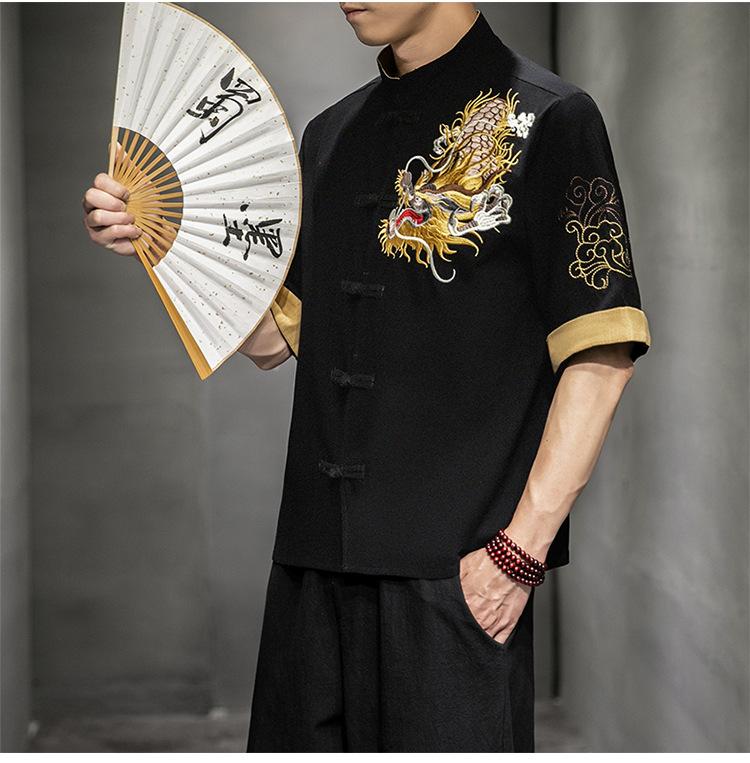 Camicia Casual da Uomo Stile Cinese con Ricamo di Drago, Collo Rialzato, Manica Corta, Taglia Larga