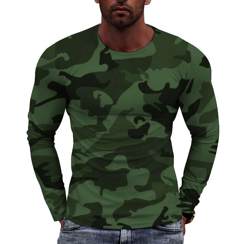 Men's Camouflage Printed Long Sleeve T-shirt European Size Casual round Neck Top Trendy Autumn Wear