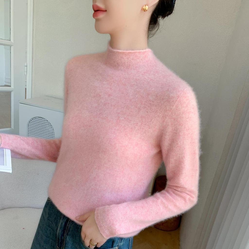 Rolled-Edge Half-High Collar Cashmere Knit Seamless Sweater: Women's Autumn/Winter Solid White Wool Base Layer