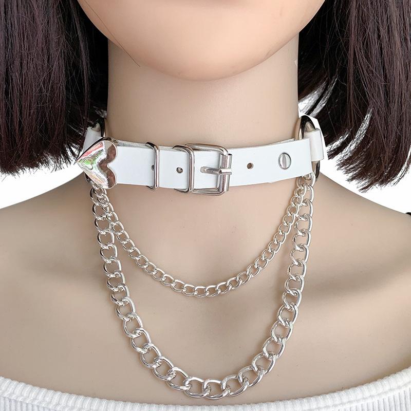 Punk PU leather collar heart-shaped peach heart chain necklace original goth neck chain love exaggerated collarbone chain