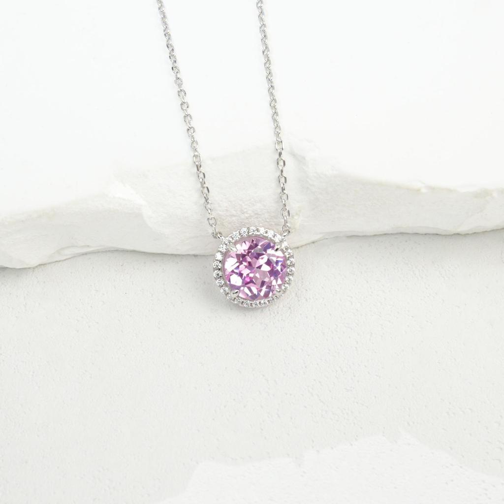 S925 Sterling Silver Diana-Style Pink Sapphire Halo Necklace - Elegant Anniversary Gift for Women