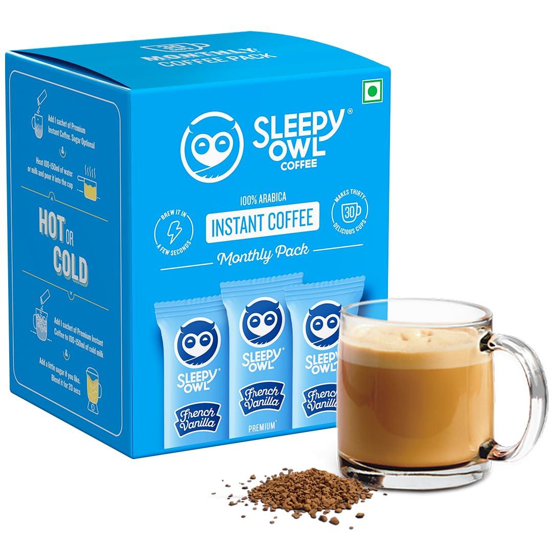 

Sleepy Owl French Vanilla Flavour 100% Arabica Coffee Sachets | 60g - Pack of 30 x 2g Instant Coffee Powder Sachets | Travel Friendly