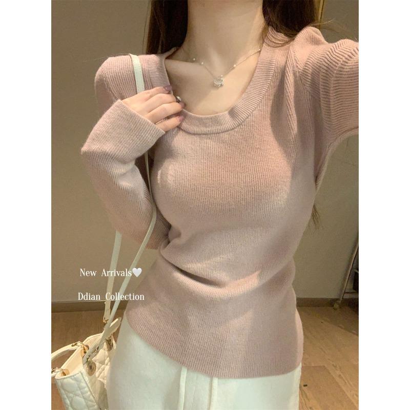 Autumn new temperament slim-fitting u-neck inner with long-sleeved Andy fleece knitted sweater bottoming sweater women's sweater