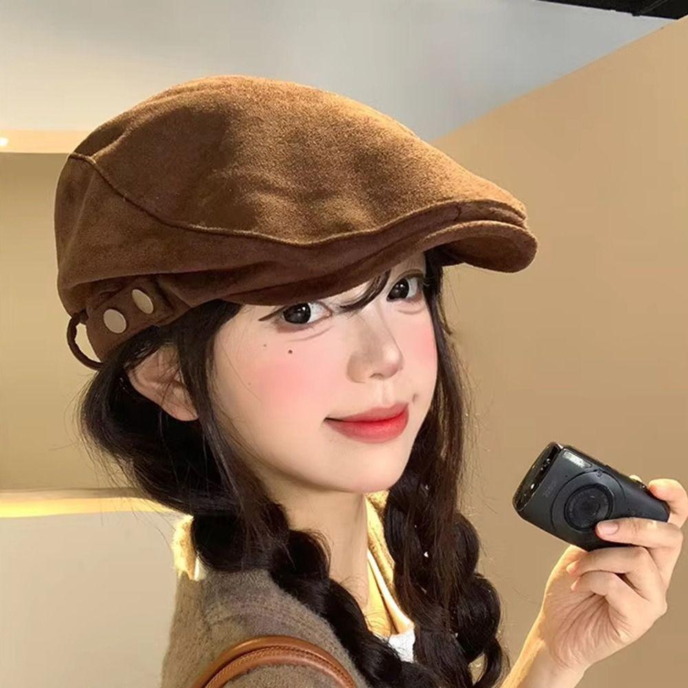 Metal Button Newsboy Cap Slim Face Painter Beret Casual Beret Cap Winter