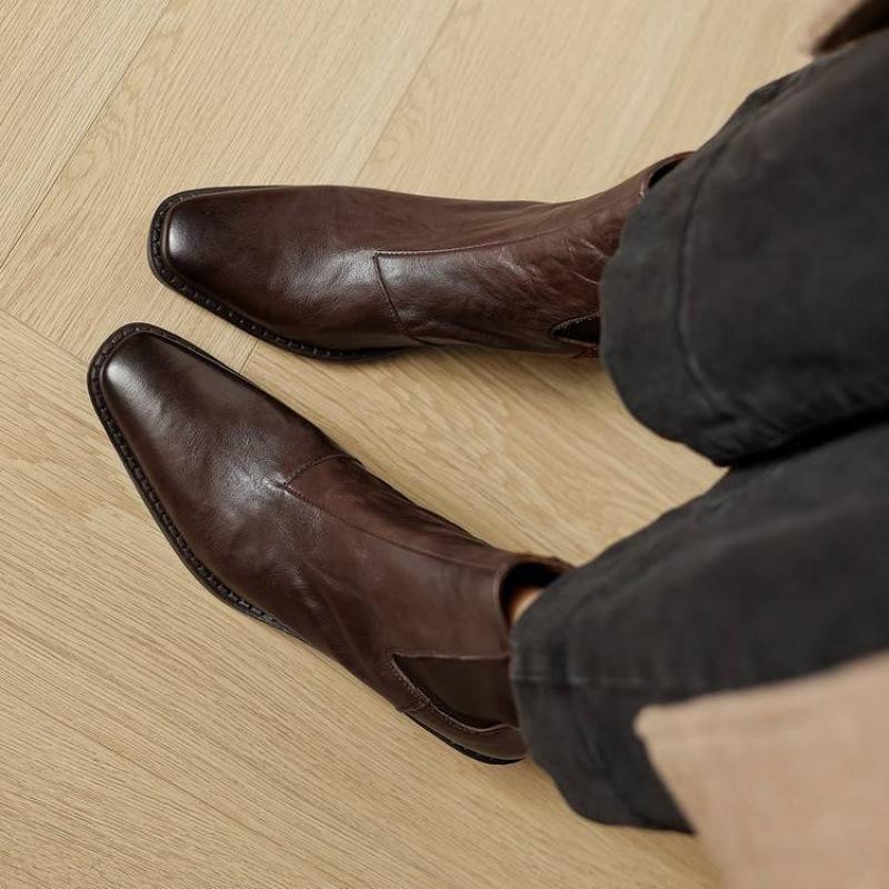 Neue Damen-Lederstiefel Leder große Größe mittlerer Absatz Damenstiefel Gummisohle Schaft Herbst und Winter Rindsleder vielseitig spitz kurze Stiefel