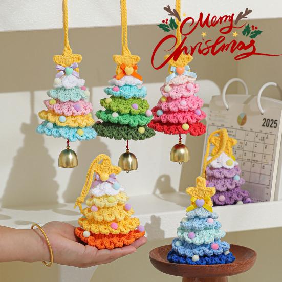 Knitted Christmas Tree Ornament Multi-Layered Mini Crochet Christmas Tree Hanging Decoration with Bell And Star Top Colorful Small Xmas Tree