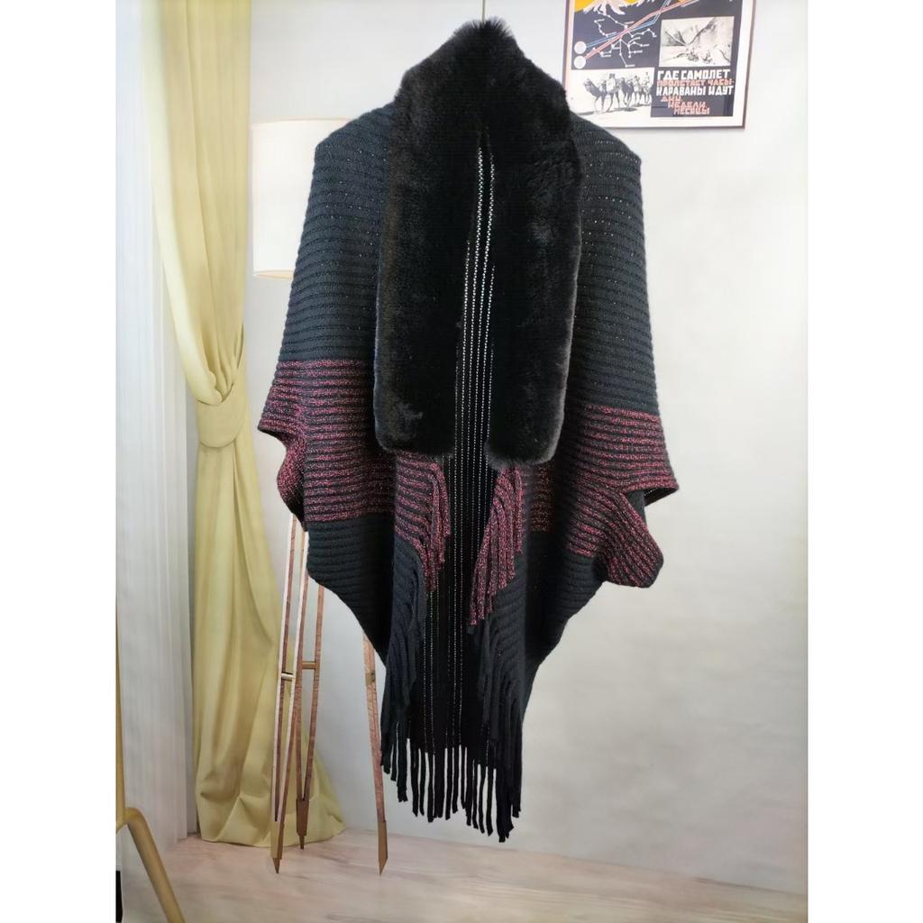 Shawl Cape Jacket Women'S Outer Cape Loose Fur Collar Knitted Cardigan 0959 #