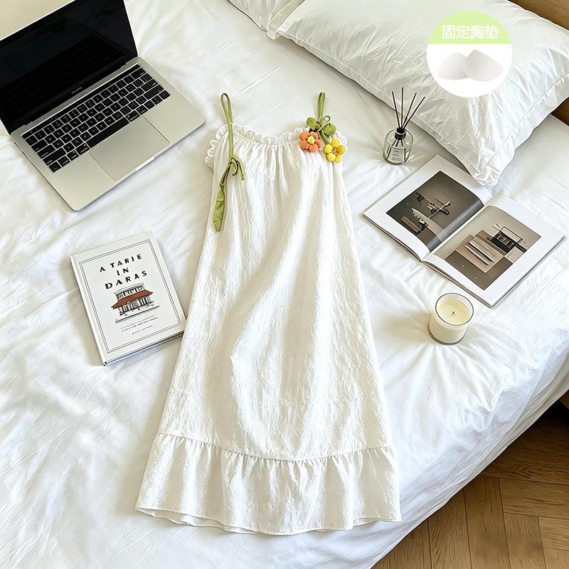 Flower Suspender Nightdress Solid Color Pajamas Women's Cloud Cotton with Chest Pad Summer Sweet Solid Color Simple Casual Loungewear