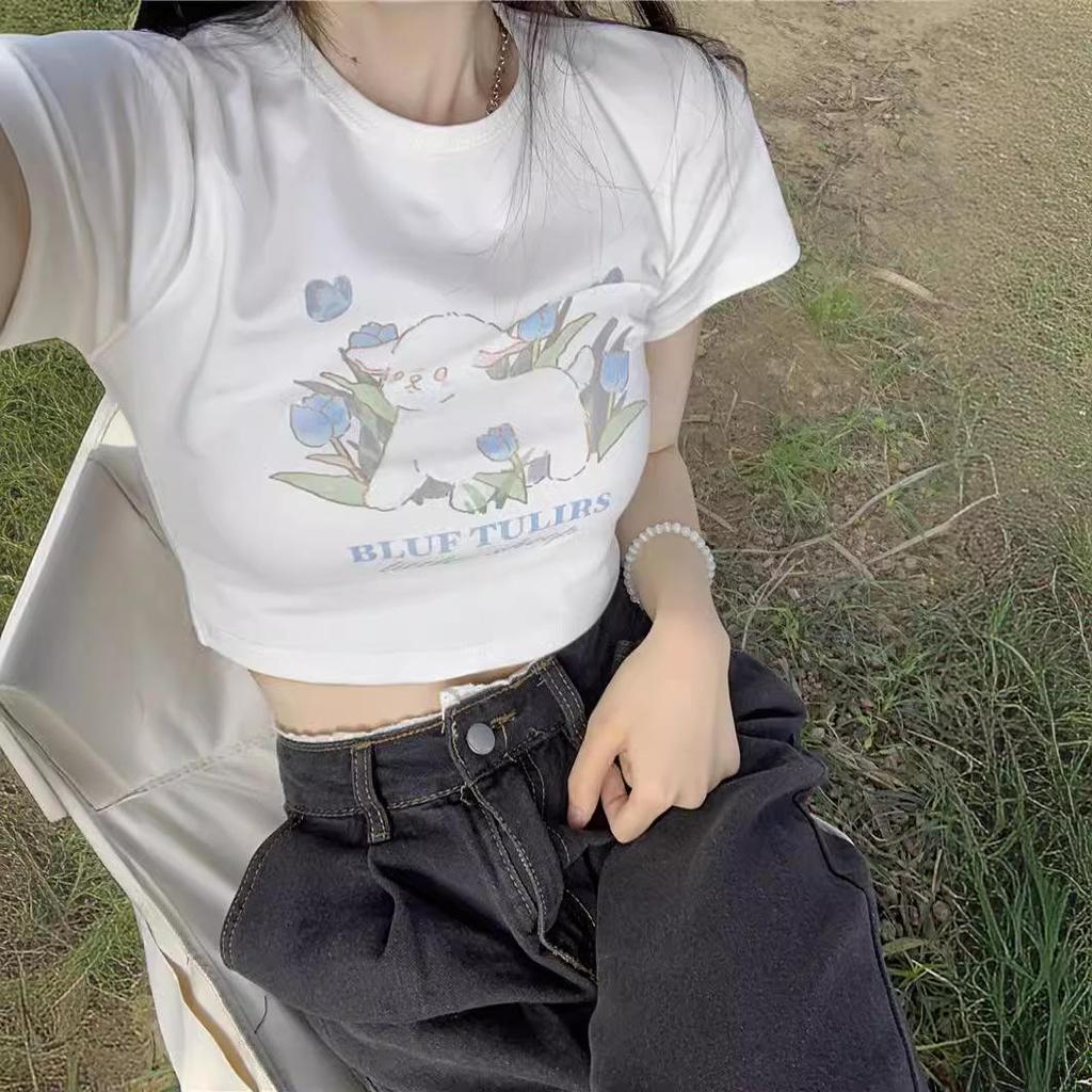 2024 Summer Women's White Short Sleeve Crop Top: Sweet & Spicy Slim Fit T-Shirt - Trendy BM Style