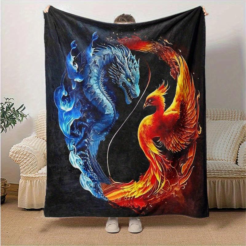 1pc Blue Dragon and Red Phoenix Blanket Soft Throw for Home Decor, Gift Idea,Living Room, Travel, Camping