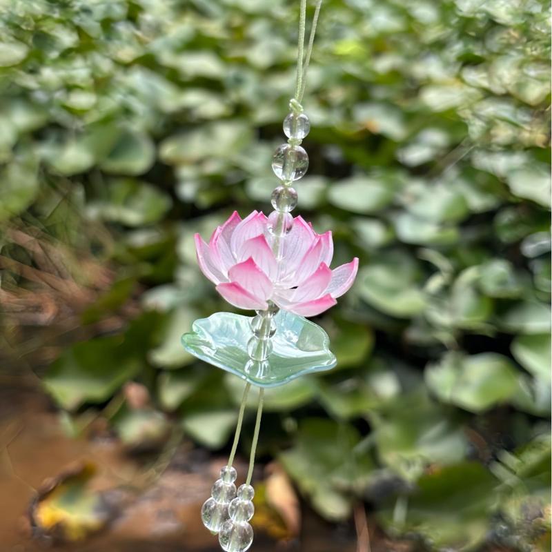 Exquisite Summer Pink Lotus Phone Charm Pendant  Simulated Flower Beaded Keychain Car Ornaments For Women Bag Decoration