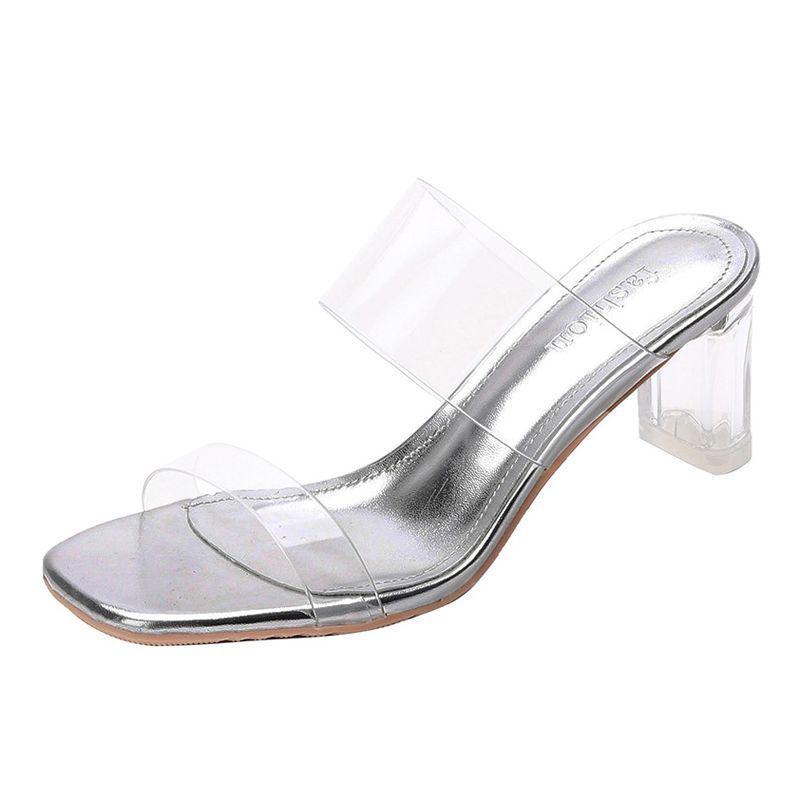 

2025 Women s Genuine Leather Sheepskin One-Strap Transparent High Heel Sandals with Chunky Crystal Heel Size 33