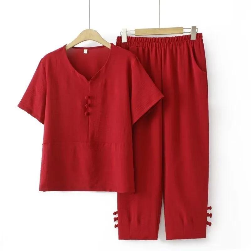 Sommeranzug für Mütter, locker, bequem und cool, Anzug mit V-Ausschnitt, zweiteiliges T-Shirt und elastische Hose