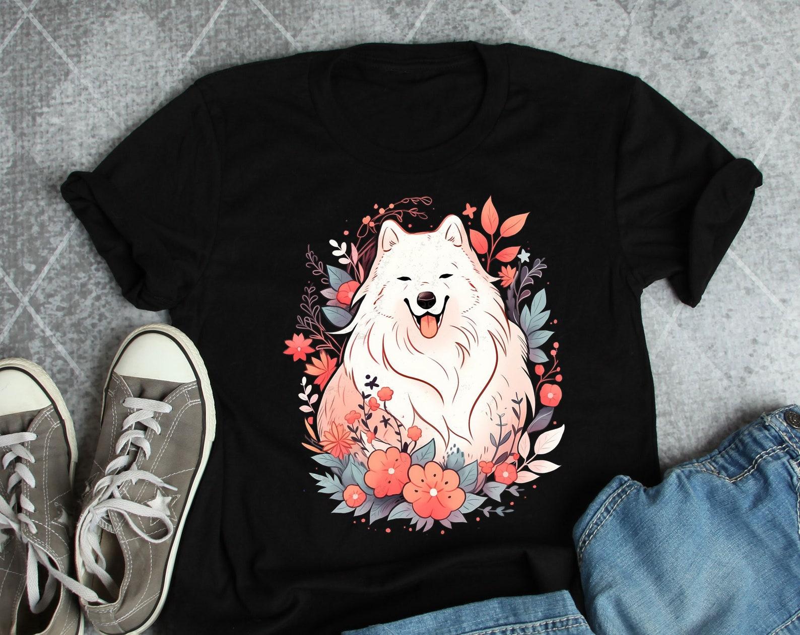 Samoyed Shirt, , , Dog Lover Gift, Cute Samoyed T-shirt, Pet Tee, Samoyed Mom, Samoyed Dad, Beautiful Red Flowers Top 100