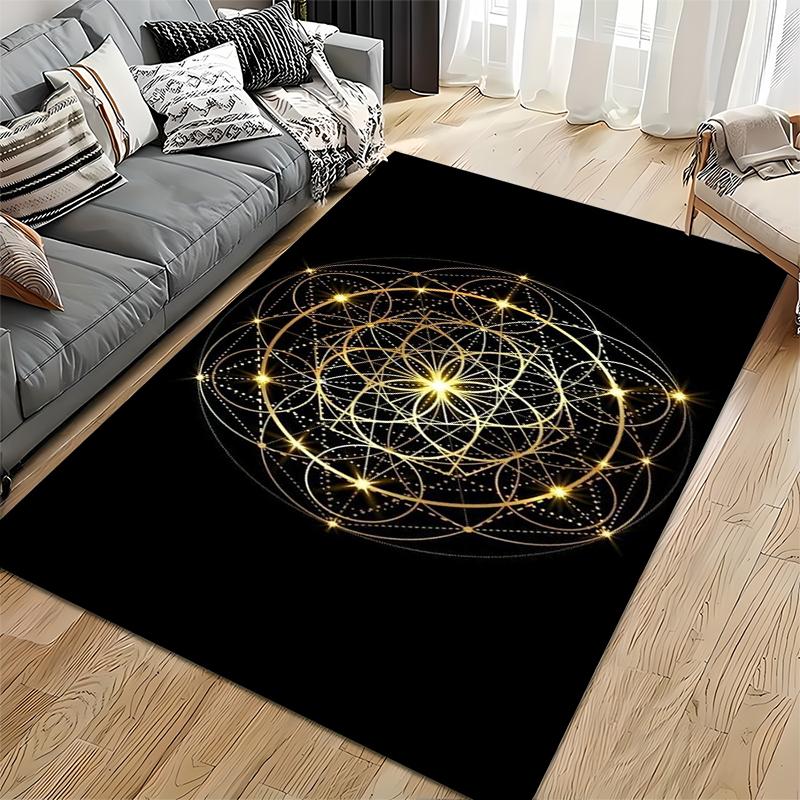 Area Rug, Golden Sacred Geometry Flower of Life Sparkles Black Print, Meditation Room Decor, Non-Slip Mat