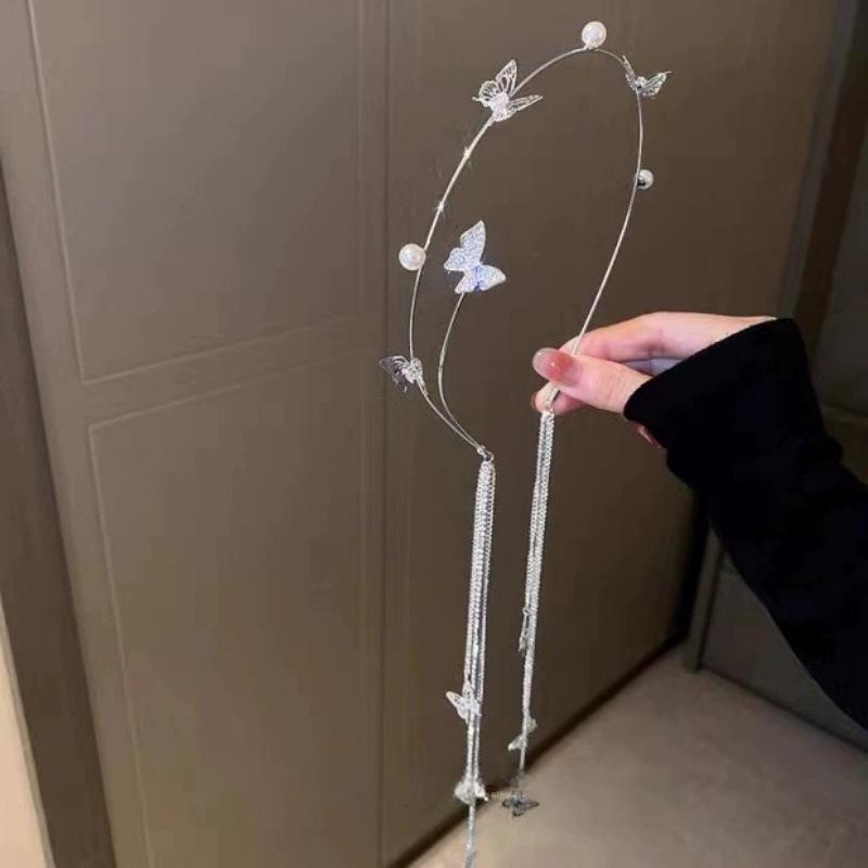 

Новая жемчужная бриллиантовая заколка-ободок с кисточкой в виде бабочки, дизайнерский ободок, ручная работа, сплав, аксессуары для волос, ободок в лесном стиле, высококлассное украшение для головы 1PCS серебряный