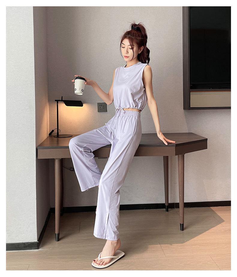 Women's Black Sun Protection Sportswear Set: Summer Quick-Dry Fitness Top & High-Waisted Wide-Leg Pants