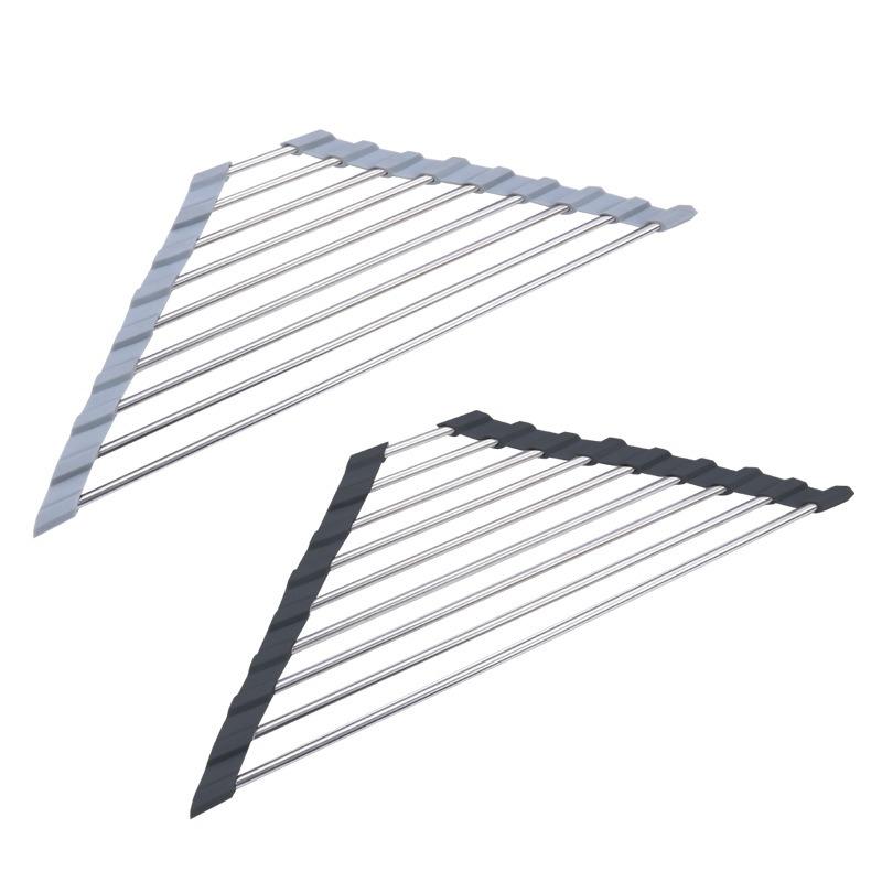Foldable Triangle Dish Drying Rack Over The Sink Stainless Steel Drainer Space-Saving Corner Organizer for Kitchen Tools