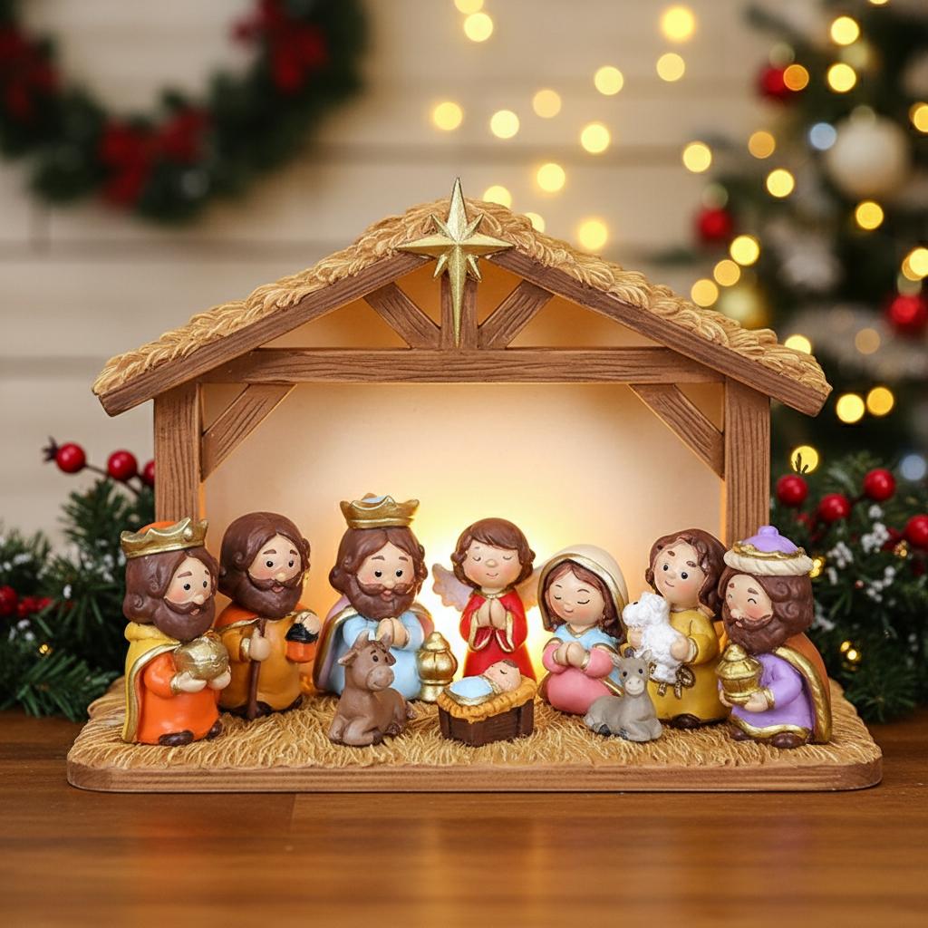 Christmas Manger Scene Figurine Set Cartoon Nativity Characters Decorative Ornament For Holiday Home Decoration And Gift Giving