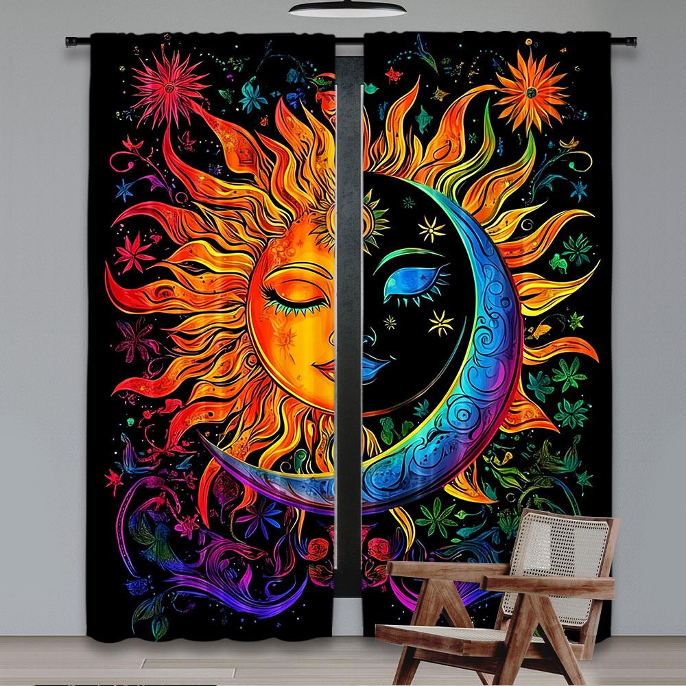 2Pcs Whimsical Abstract Sun Moon Pattern Curtains Fantasy Style Suitable For Living Room Dining Room Kitchen Bedroom Bathroom