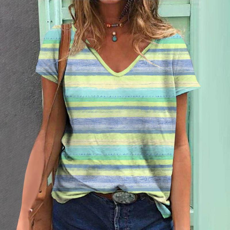 

Футболки с 3D-полосатым принтом для женщин, свободные топы с V-образным вырезом и коротким рукавом, летняя мода, популярная женская одежда 2024 года, уличная одежда 3XL