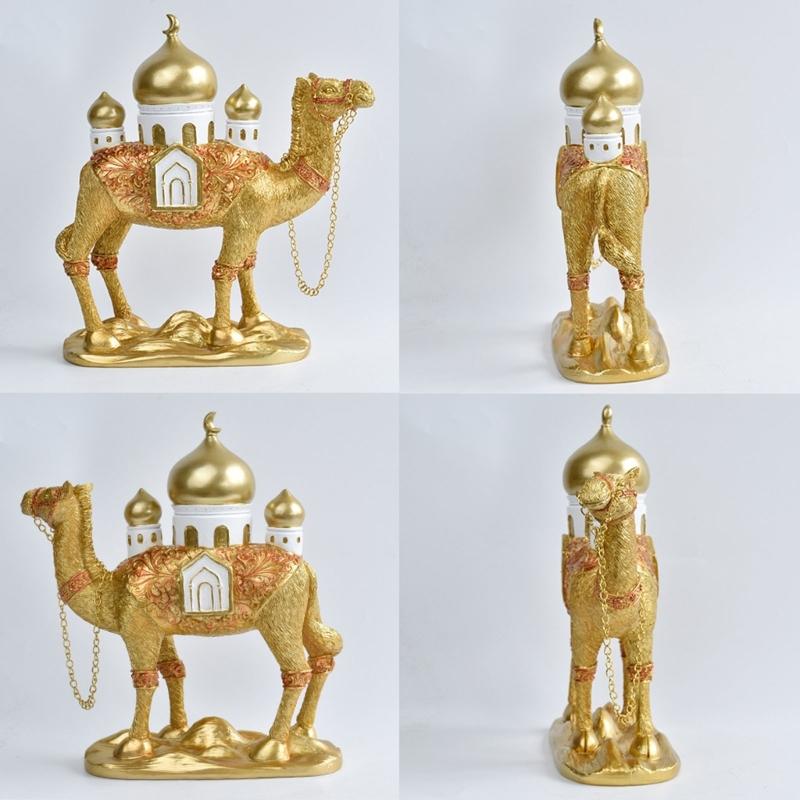 Camels Figurine with Mosque Tower Resin Camels Statue Ornament for Ramadans Eid Mubarak Home Decors Collectibles Gift