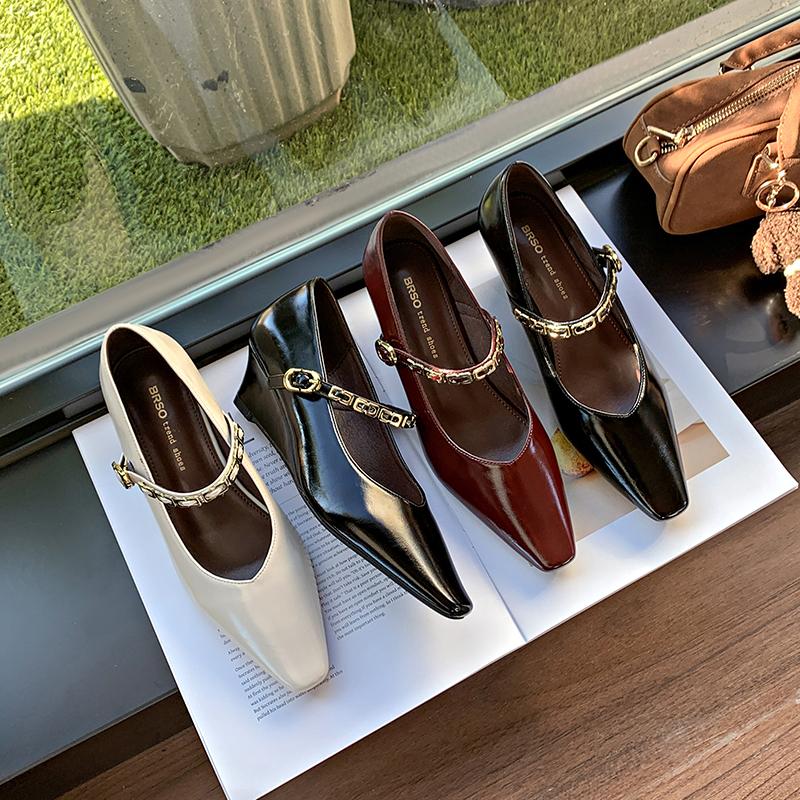 Fashion Pointed Toe Women Shoes Buckle Strap Solid Color Retro Designer Brand Low Heel Shallow Female Shoes Leather Concise Casual Shoes