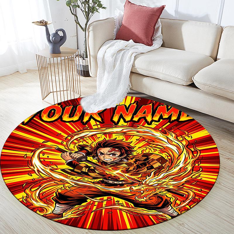 Custom Name,Tanjiro Kamado pattern round rug,Carpet Rug for Living Room Bedroom Playroom ,Non-slip Floor Mat,Holiday Gifts and Birthday Gifts.