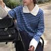 Autumn Retro Color Block Stripe Womens Sweater Casual Polo Collar Knit Cardigan Versatile Top