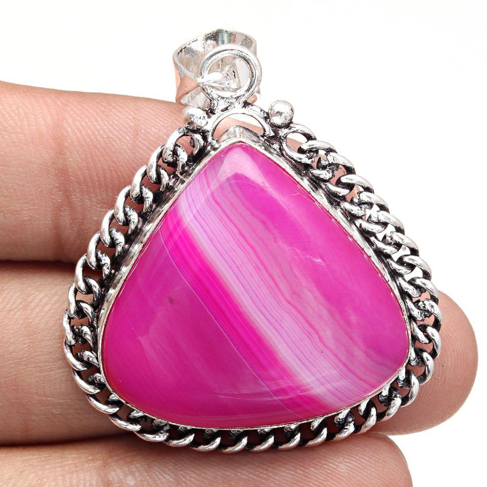 Pendant Pink Botswana Agate Gemstone Mother's Day Gift Silver Jewelry 1.75"