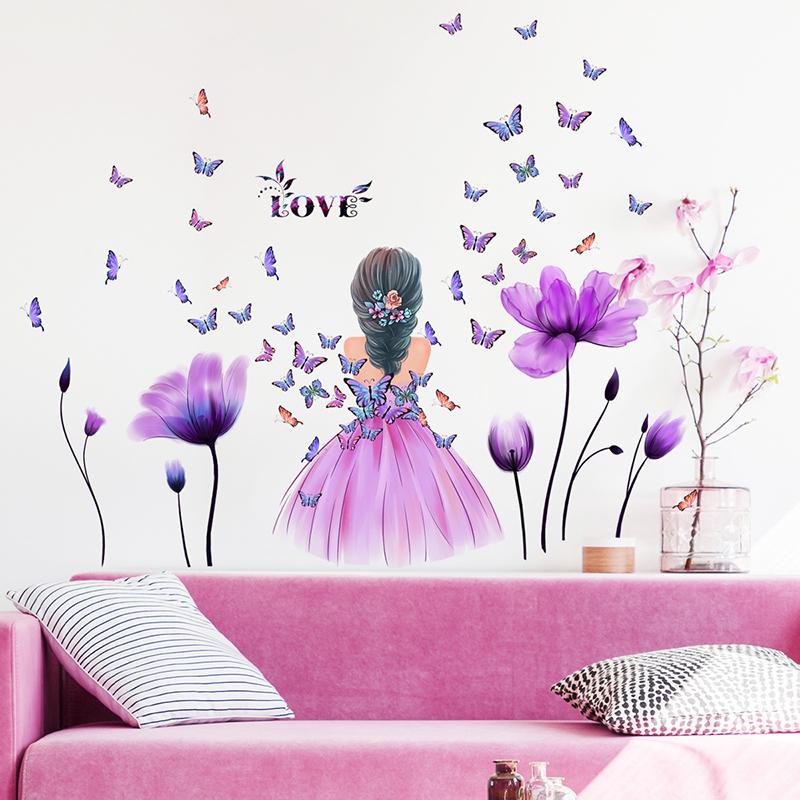 Flower Fairy Purple Colorful Flower Butterfly Home Decal Wall Decal Girl Bedroom DIY Children'S Room Kindergarten Party Mural