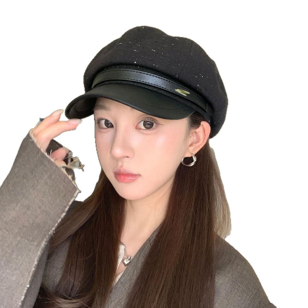 American new octagonal hat women's autumn shopping warm hat leather brim painter hat showing face small cap trendy beret