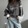 Womens Vintage American Half-Zip Stand Collar Sweatshirt Streetwear Letter Print Colorblock Casual Outerwear