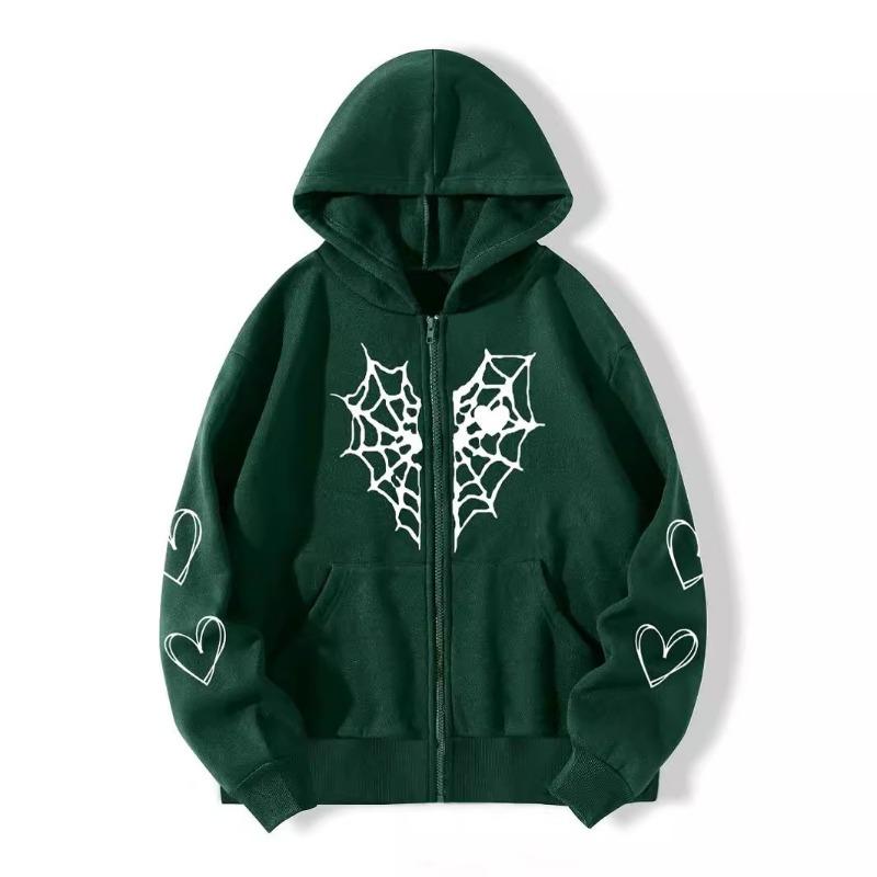 Women S Fall Winter Fleece Hooded Zip Up Cardigan Sweatshirt Spider Web Heart Print
