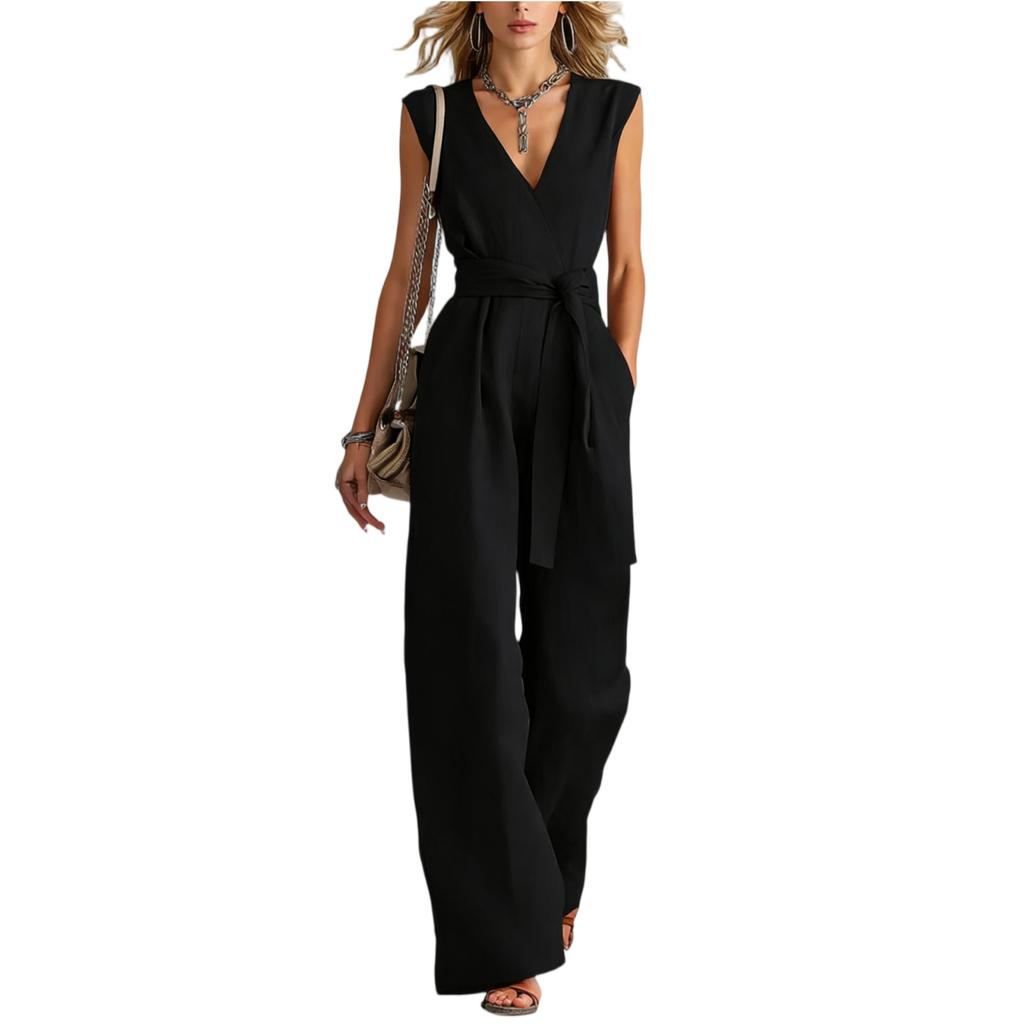 Damen V-Ausschnitt Weiter Bein Ärmellos Mit Gürtel Lang Jumpsuit