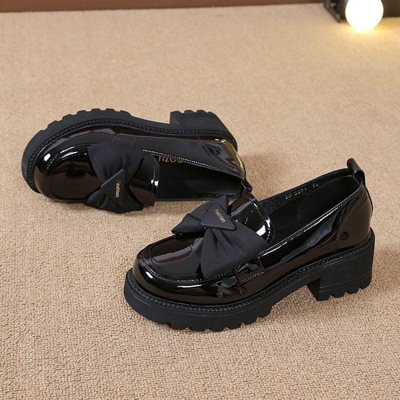 Frühling Herbst Echtes Leder Damen Loafer mit dicker Sohle mit Schleife Lackleder Slipper Vielseitige Komfort Loafer