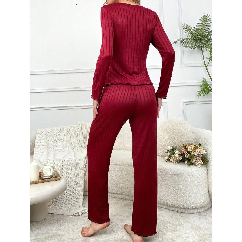 Autumn and Winter Pajamas Set Women's Lace Long-sleeved Trousers Pyjamas Two-piece Set Sleepwear Casual Loungewear