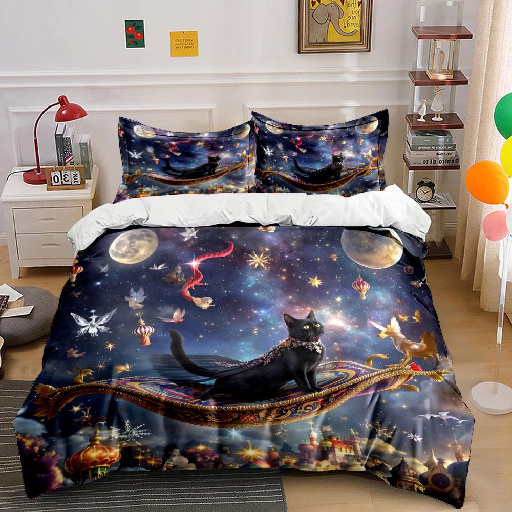 Magical Cat Adventuring Night Sky Exquisite Three-Piece Bedding Set Gift For Kids And Adults