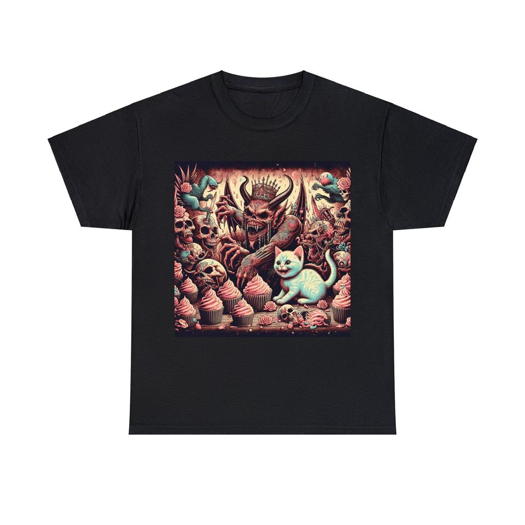 Unisex Adult T Shirt Horror Cute Mash Up Demonic Kitten Cupcake Death Metal Tee