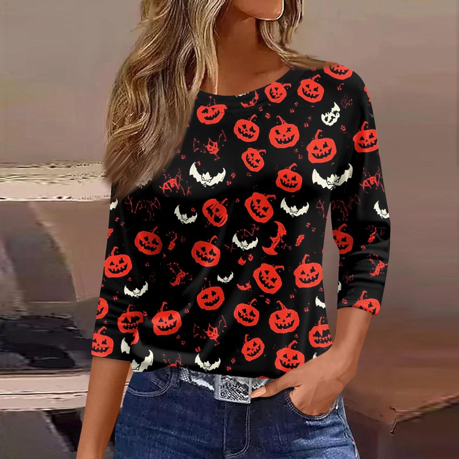 

Женская модная повседневная футболка с рукавом три четверти и принтом на Хэллоуин, с круглым вырезом XL