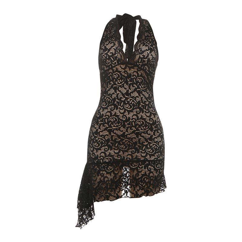 

# Sisjuly# Sexy Charm Bloom Floral Lace Design Asymmetrical Lower Hem with Lace Halterneck Dress Female Black S