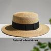 Female Natural Stiff Wheat Straw Boater Hat Summer Flat Top Fedora Hat Women Wide Brim Sun Hats For Travel Beach Jazz Panama New