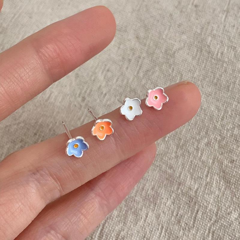 PANJBJ 925 Sterling Silve Flower Earrings For Women Girl Drip Glaze Multicolour Korean Sweet Jewelry Birthday Gift Dropshipping