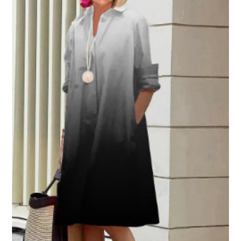 Novos produtos de outono, camisa com gola estampada de bolinhas de temperamento fashion, manga comprida, vestido médio e longo
