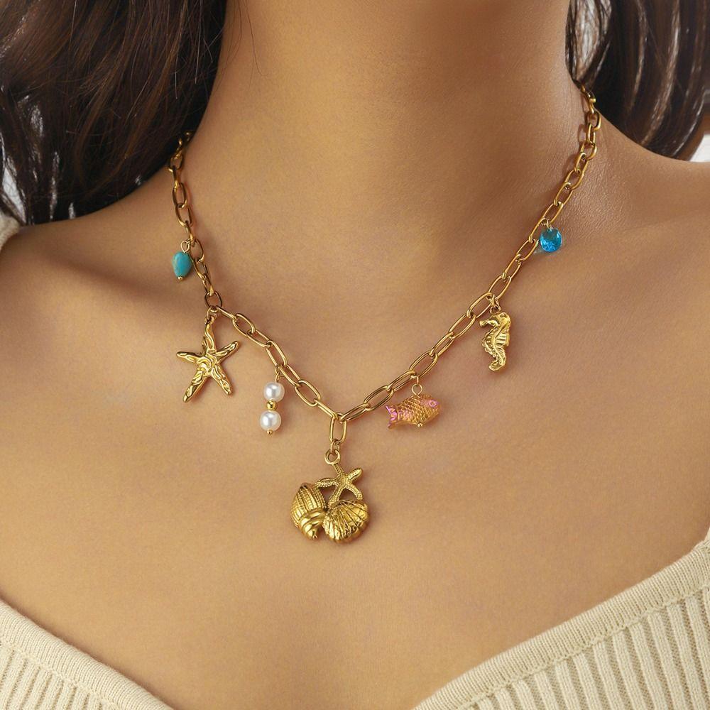 Vintage Ocean Pendant Necklace Metal Chain Multilayer Pearl Necklace Eyes of Demon Necklace  Party