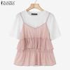 ZANZEA Women Casual Round Neck Summer Patchwork Short Sleeve T-shirt