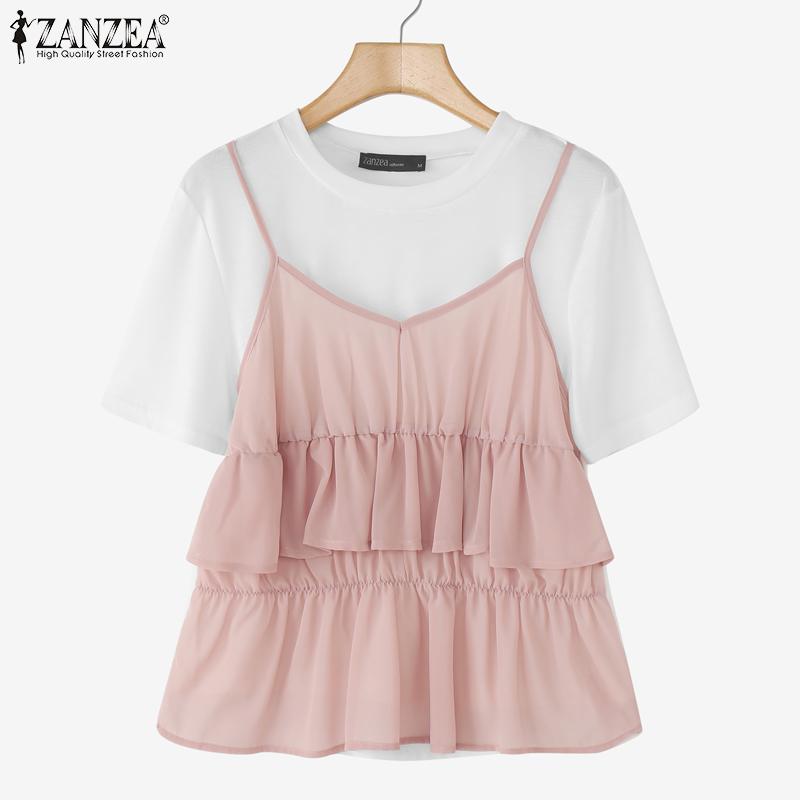 ZANZEA Women Casual Round Neck Summer Patchwork Short Sleeve T-shirt